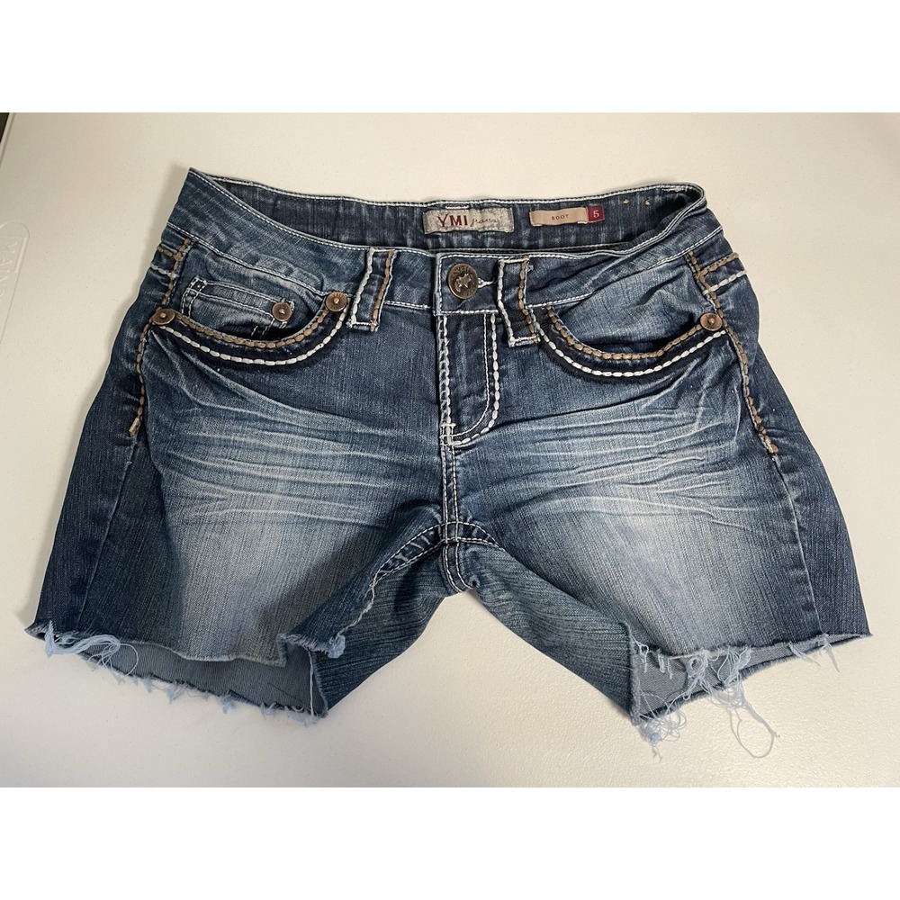 YMI Jean Shorts Embroidered Juniors 5 Y2K Blue Denim Cut offs Western‎ Summer